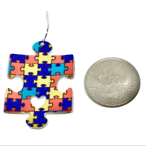 Autism Awareness Vegan Leather Puzzle Earrings - Picture 2 of 3